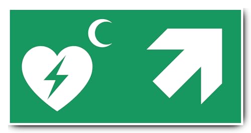 Aufkleber: 200x400 mm, 1 Stück - Automatisierter Externer Defibrillator (AED) - Kombination mit Pfeil rechts schräg/aufwärts - Rettungszeichen Rothalbmond-Variante - E010 - grün/weiß von Havati