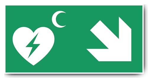 Aufkleber: 250x500 mm, 1 Stück - Automatisierter Externer Defibrillator (AED) - Kombination mit Pfeil rechts abwärts - Rettungszeichen Rothalbmond-Variante - E010 - grün/weiß von Havati
