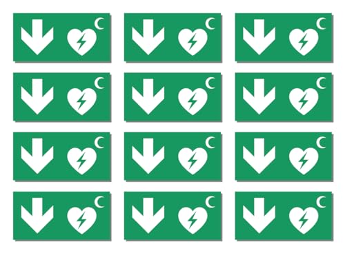 Aufkleber: 25x50 mm, 12 Stück - Automatisierter Externer Defibrillator (AED) - Kombination mit Pfeil abwärts - Rettungszeichen Rothalbmond-Variante - E010 - grün/weiß von Havati