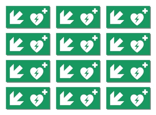 Aufkleber: 25x50 mm, 12 Stück - Automatisierter Externer Defibrillator (AED) - Kombination mit Pfeil links abwärts - Rettungszeichen - E010 - grün/weiß - DIN EN ISO 7010 / ASR A1.3 von Havati