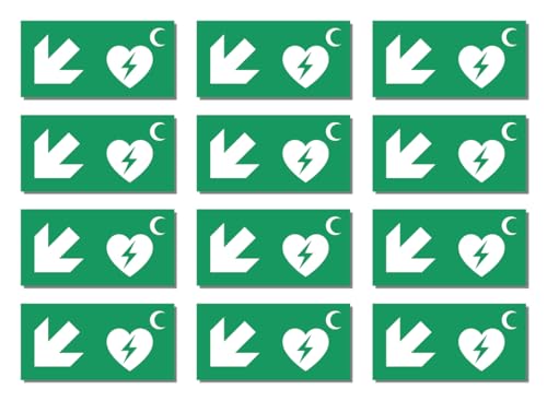 Aufkleber: 25x50 mm, 12 Stück - Automatisierter Externer Defibrillator (AED) - Kombination mit Pfeil links abwärts - Rettungszeichen Rothalbmond-Variante - E010 - grün/weiß von Havati