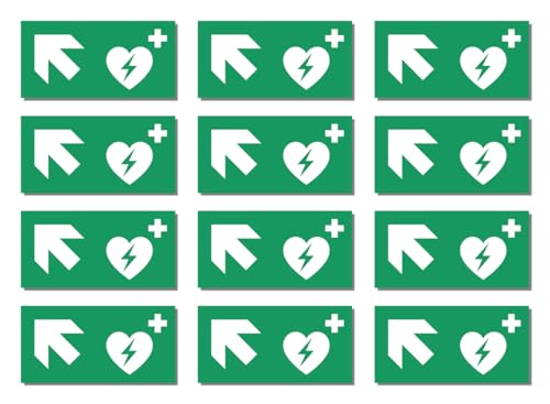 Aufkleber: 25x50 mm, 12 Stück - Automatisierter Externer Defibrillator (AED) - Kombination mit Pfeil links schräg/aufwärts - Rettungszeichen - E010 - grün/weiß - DIN EN ISO 7010 / ASR A1.3 von Havati