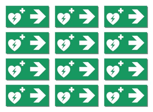 Aufkleber: 25x50 mm, 12 Stück - Automatisierter Externer Defibrillator (AED) - Kombination mit Pfeil rechts - Rettungszeichen - E010 - grün/weiß - DIN EN ISO 7010 / ASR A1.3 von Havati