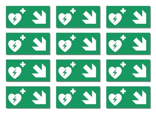 Aufkleber: 25x50 mm, 12 Stück - Automatisierter Externer Defibrillator (AED) - Kombination mit Pfeil rechts abwärts - Rettungszeichen - E010 - grün/weiß - DIN EN ISO 7010 / ASR A1.3 von Havati