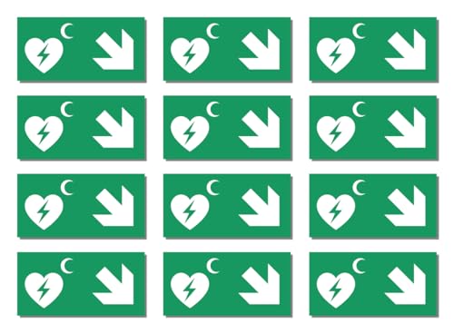 Aufkleber: 25x50 mm, 12 Stück - Automatisierter Externer Defibrillator (AED) - Kombination mit Pfeil rechts abwärts - Rettungszeichen Rothalbmond-Variante - E010 - grün/weiß von Havati