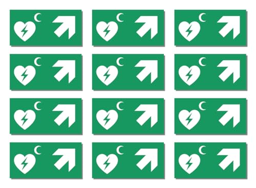 Aufkleber: 25x50 mm, 12 Stück - Automatisierter Externer Defibrillator (AED) - Kombination mit Pfeil rechts schräg/aufwärts - Rettungszeichen Rothalbmond-Variante - E010 - grün/weiß von Havati