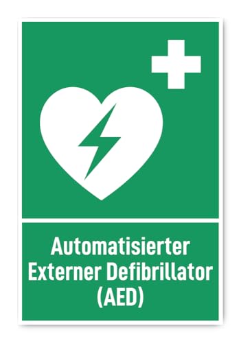 Aufkleber: 300x200 mm, 1 Stück - Automatisierter Externer Defibrillator (AED) - Rettungszeichen mit Text (deutsch) (grün/weiß) - hochkant - E010 - DIN EN ISO 7010 / ASR A1.3 von Havati