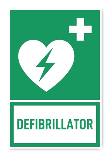Aufkleber: 300x200 mm, 1 Stück - Automatisierter Externer Defibrillator (AED) - Sprache: englisch - Rettungszeichen mit Text (grün/weiß) - hochkant - E010 - DIN EN ISO 7010 von Havati