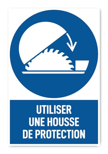 Aufkleber: 300x200 mm, 1 Stück - Schutzhaube der Tischkreissäge benutzen - Gebotszeichen mit Text (französisch) (blau/weiß) - hochkant - M010 - DIN EN ISO 7010 / ASR A1.3 von Havati
