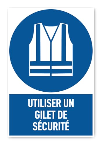 Aufkleber: 300x200 mm, 1 Stück - Warnweste benutzen - Gebotszeichen mit Text (französisch) (blau/weiß) - hochkant - M010 - DIN EN ISO 7010 / ASR A1.3 von Havati