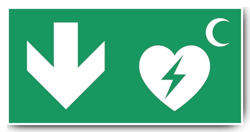 Aufkleber: 300x600 mm, 1 Stück - Automatisierter Externer Defibrillator (AED) - Kombination mit Pfeil abwärts - Rettungszeichen Rothalbmond-Variante - E010 - grün/weiß von Havati