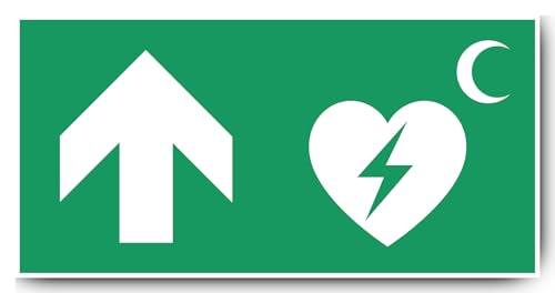 Aufkleber: 300x600 mm, 1 Stück - Automatisierter Externer Defibrillator (AED) - Kombination mit Pfeil geradeaus/aufwärts - Rettungszeichen Rothalbmond-Variante - E010 - grün/weiß von Havati