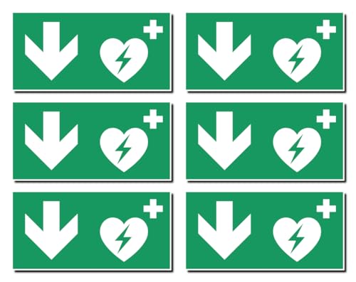 Aufkleber: 50x100 mm, 6 Stück - Automatisierter Externer Defibrillator (AED) - Kombination mit Pfeil abwärts - Rettungszeichen - E010 - grün/weiß - DIN EN ISO 7010 / ASR A1.3 von Havati