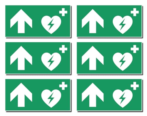 Aufkleber: 50x100 mm, 6 Stück - Automatisierter Externer Defibrillator (AED) - Kombination mit Pfeil geradeaus/aufwärts - Rettungszeichen - E010 - grün/weiß - DIN EN ISO 7010 / ASR A1.3 von Havati