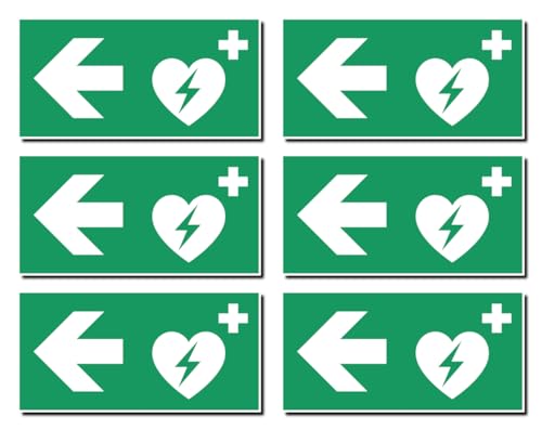 Aufkleber: 50x100 mm, 6 Stück - Automatisierter Externer Defibrillator (AED) - Kombination mit Pfeil links - Rettungszeichen - E010 - grün/weiß - DIN EN ISO 7010 / ASR A1.3 von Havati