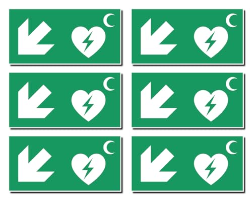 Aufkleber: 50x100 mm, 6 Stück - Automatisierter Externer Defibrillator (AED) - Kombination mit Pfeil links abwärts - Rettungszeichen Rothalbmond-Variante - E010 - grün/weiß von Havati