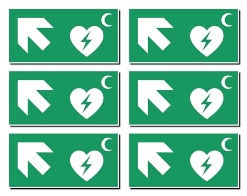 Aufkleber: 50x100 mm, 6 Stück - Automatisierter Externer Defibrillator (AED) - Kombination mit Pfeil links schräg/aufwärts - Rettungszeichen Rothalbmond-Variante - E010 - grün/weiß von Havati