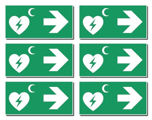 Aufkleber: 50x100 mm, 6 Stück - Automatisierter Externer Defibrillator (AED) - Kombination mit Pfeil rechts - Rettungszeichen Rothalbmond-Variante - E010 - grün/weiß von Havati