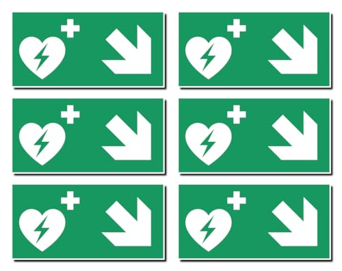 Aufkleber: 50x100 mm, 6 Stück - Automatisierter Externer Defibrillator (AED) - Kombination mit Pfeil rechts abwärts - Rettungszeichen - E010 - grün/weiß - DIN EN ISO 7010 / ASR A1.3 von Havati
