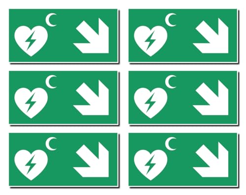 Aufkleber: 50x100 mm, 6 Stück - Automatisierter Externer Defibrillator (AED) - Kombination mit Pfeil rechts abwärts - Rettungszeichen Rothalbmond-Variante - E010 - grün/weiß von Havati