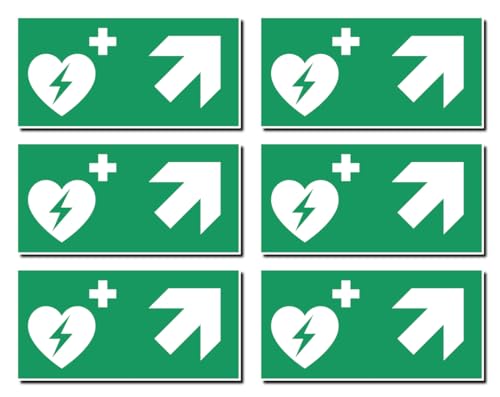 Aufkleber: 50x100 mm, 6 Stück - Automatisierter Externer Defibrillator (AED) - Kombination mit Pfeil rechts schräg/aufwärts - Rettungszeichen - E010 - grün/weiß - DIN EN ISO 7010 / ASR A1.3 von Havati