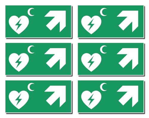 Aufkleber: 50x100 mm, 6 Stück - Automatisierter Externer Defibrillator (AED) - Kombination mit Pfeil rechts schräg/aufwärts - Rettungszeichen Rothalbmond-Variante - E010 - grün/weiß von Havati