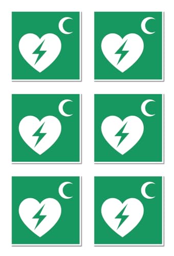 Aufkleber: 50x50 mm, 6 Stück - Automatisierter Externer Defibrillator (AED) - Rettungszeichen Rothalbmond-Variante - E010 - grün/weiß - DIN EN ISO 7010 / ASR A1.3 von Havati