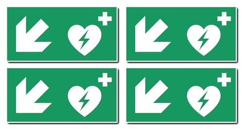 Aufkleber: 75x150 mm, 4 Stück - Automatisierter Externer Defibrillator (AED) - Kombination mit Pfeil links abwärts - Rettungszeichen - E010 - grün/weiß - DIN EN ISO 7010 / ASR A1.3 von Havati