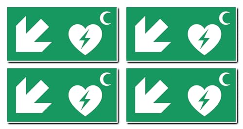 Aufkleber: 75x150 mm, 4 Stück - Automatisierter Externer Defibrillator (AED) - Kombination mit Pfeil links abwärts - Rettungszeichen Rothalbmond-Variante - E010 - grün/weiß von Havati