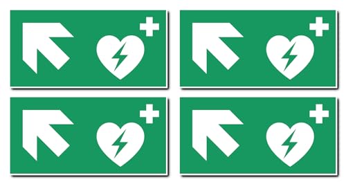 Aufkleber: 75x150 mm, 4 Stück - Automatisierter Externer Defibrillator (AED) - Kombination mit Pfeil links schräg/aufwärts - Rettungszeichen - E010 - grün/weiß - DIN EN ISO 7010 / ASR A1.3 von Havati