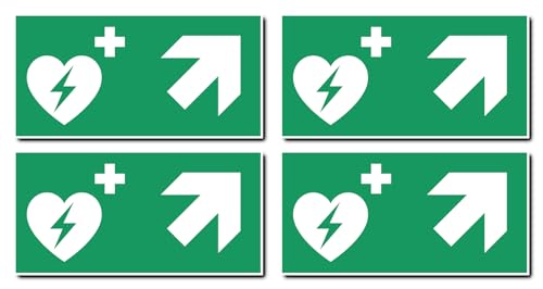 Aufkleber: 75x150 mm, 4 Stück - Automatisierter Externer Defibrillator (AED) - Kombination mit Pfeil rechts schräg/aufwärts - Rettungszeichen - E010 - grün/weiß - DIN EN ISO 7010 / ASR A1.3 von Havati