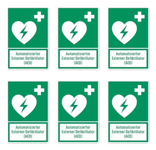 Aufkleber: 75x50 mm, 6 Stück - Automatisierter Externer Defibrillator (AED) - Rettungszeichen mit Text (deutsch) (grün/weiß) - hochkant - E010 - DIN EN ISO 7010 / ASR A1.3 von Havati