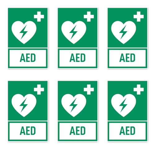 Aufkleber: 75x50 mm, 6 Stück - Automatisierter Externer Defibrillator (AED) - Rettungszeichen mit Text (deutsch) (grün/weiß) - hochkant - E010 - DIN EN ISO 7010 / ASR A1.3 von Havati