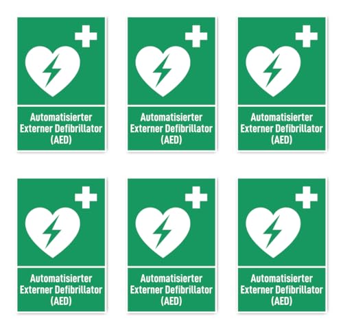 Aufkleber: 75x50 mm, 6 Stück - Automatisierter Externer Defibrillator (AED) - Rettungszeichen mit Text (deutsch) (grün/weiß) - hochkant - E010 - DIN EN ISO 7010 / ASR A1.3 von Havati