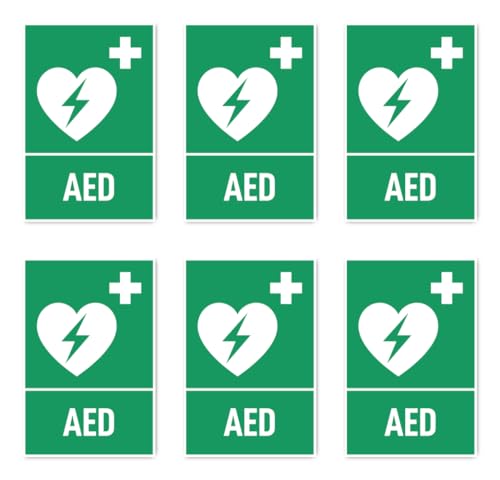 Aufkleber: 75x50 mm, 6 Stück - Automatisierter Externer Defibrillator (AED) - Rettungszeichen mit Text (deutsch) (grün/weiß) - hochkant - E010 - DIN EN ISO 7010 / ASR A1.3 von Havati