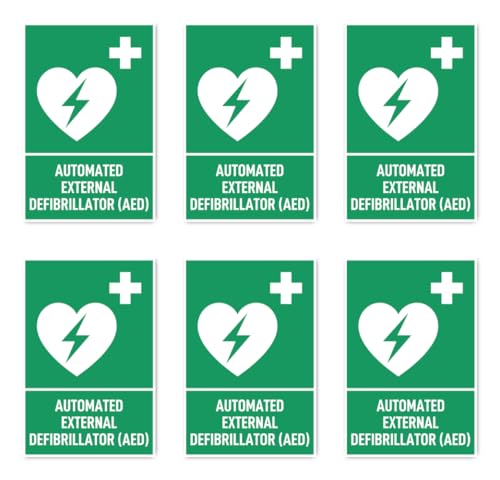 Aufkleber: 75x50 mm, 6 Stück - Automatisierter Externer Defibrillator (AED) - Rettungszeichen mit Text (englisch) (grün/weiß) - hochkant - E016 - DIN EN ISO 7010 / ASR A1.3 von Havati