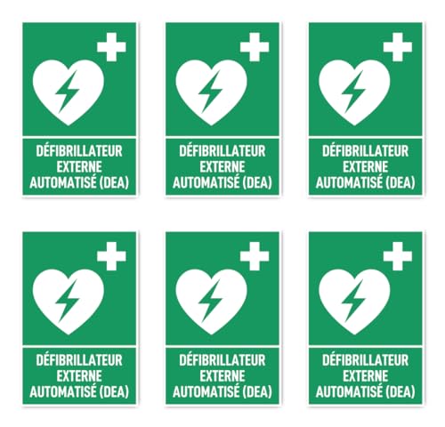 Aufkleber: 75x50 mm, 6 Stück - Automatisierter Externer Defibrillator (AED) - Rettungszeichen mit Text (französisch) (grün/weiß) - hochkant - E016 - DIN EN ISO 7010 / ASR A1.3 von Havati