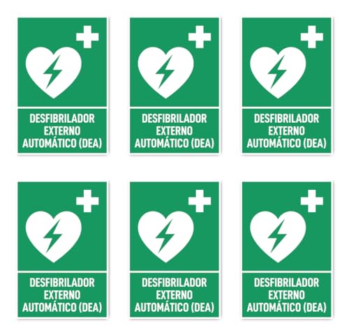 Aufkleber: 75x50 mm, 6 Stück - Automatisierter Externer Defibrillator (AED) - Rettungszeichen mit Text (spanisch) (grün/weiß) - hochkant - E016 - DIN EN ISO 7010 / ASR A1.3 von Havati