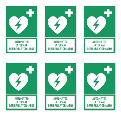 Aufkleber: 75x50 mm, 6 Stück - Automatisierter Externer Defibrillator (AED) - Sprache: englisch - Rettungszeichen mit Text (grün/weiß) - hochkant - E010 - DIN EN ISO 7010 von Havati