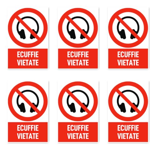 Aufkleber: 75x50 mm, 6 Stück - Kopfhörer verboten - Verbotszeichen mit Text (italienisch) (rot/weiß) - hochkant - DIN EN ISO 7010 / ASR A1.29 von Havati