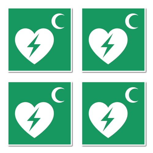 Aufkleber: 75x75 mm, 4 Stück - Automatisierter Externer Defibrillator (AED) - Rettungszeichen Rothalbmond-Variante - E010 - grün/weiß - DIN EN ISO 7010 / ASR A1.3 von Havati