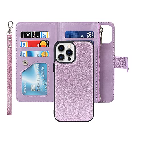 Havaya Glossy iPhone 12 Hülle, Detachable Leder Wallet with card holder, drawstring bracelet, 6 {card slots} with zipper - purple von Ｈａｖａｙａ