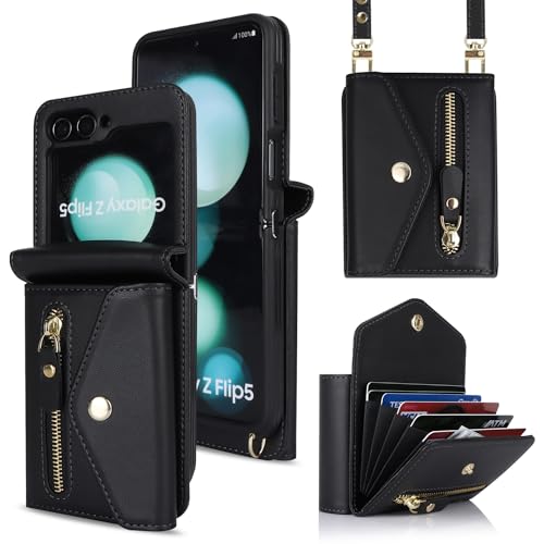 Ｈａｖａｙａ Samsung Galaxy Z Flip 5 Hülle mit Band Kartenhalter handyhülle Samsung Galaxy Z Flip 5 mit Reißverschluss Band Ring Ständer Case mit Portemonnaie Damen - Schwarz von Ｈａｖａｙａ