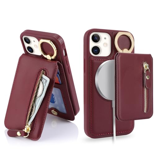 Ｈａｖａｙａ für iPhone 12 Mini Hülle Kompatibel mit Magsafe für iPhone 12 Mini Hülle kartenfach Abnehmbar 2 in 1 Reißverschluss geldbörse Herren und Damen - Burgunderrot von Ｈａｖａｙａ