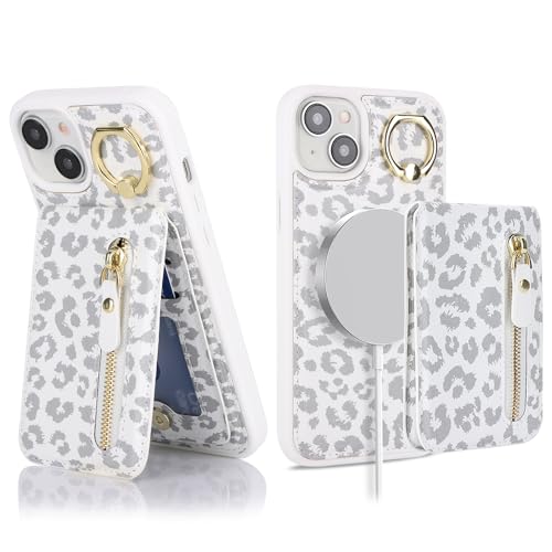 Ｈａｖａｙａ für iPhone 13 Mini Hülle Kompatibel mit Magsafe für iPhone 13 Mini Hülle kartenfach Abnehmbar 2 in 1 Reißverschluss geldbörse Herren und Damen - Weißer Leopardendruck von Ｈａｖａｙａ
