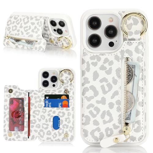 Ｈａｖａｙａ für iPhone 14 Pro Max Hülle mit Kartenhalter Handyhülle für iPhone 14 Pro Max mit Schlüsselanhänger Hülle geldbörse Reißverschluss für Herren und Damen - Weißer Leopardendruck von Ｈａｖａｙａ