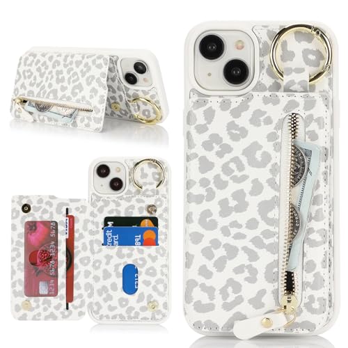 Ｈａｖａｙａ für iPhone 15 Plus Hülle mit Kartenhalter Handyhülle für iPhone 14 Plus mit Schlüsselanhänger Hülle geldbörse Reißverschluss für Herren und Damen - Weißer Leopardendruck von Ｈａｖａｙａ