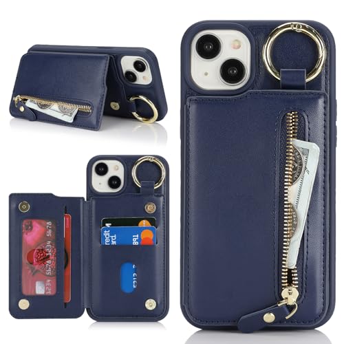 Ｈａｖａｙａ für iPhone 15 Plus Hülle mit Kartenhalter Handyhülle für iPhone 14 Plus mit Schlüsselanhänger Hülle geldbörse Reißverschluss für Herren und Damen - Blau von Ｈａｖａｙａ