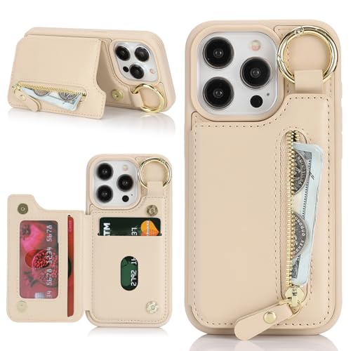 Ｈａｖａｙａ für iPhone 15 Pro Hülle mit Kartenhalter Handyhülle für iPhone 15 Pro mit Schlüsselanhänger Hülle geldbörse Reißverschluss für Herren und Damen - Aprikose von Ｈａｖａｙａ