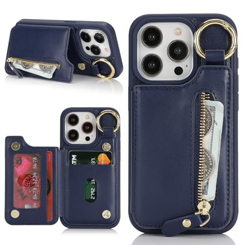 Ｈａｖａｙａ für iPhone 15 Pro Hülle mit Kartenhalter Handyhülle für iPhone 15 Pro mit Schlüsselanhänger Hülle geldbörse Reißverschluss für Herren und Damen - Blau von Ｈａｖａｙａ